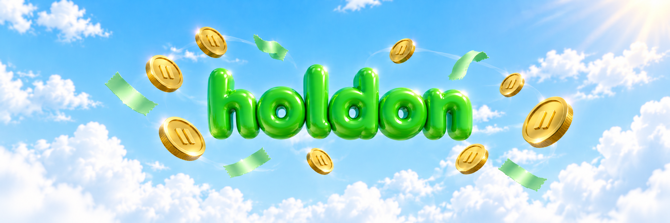 holdon — green 3D lettering and gold coins in a bright blue sky